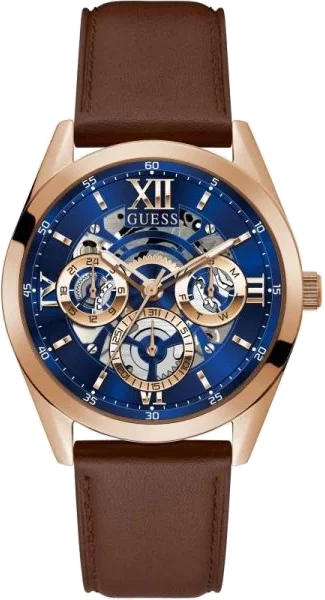Montre Guess Homme GW0389G3 - Cadran Bleu Nuit, Boîtier Or et Bracelet Cuir Marron