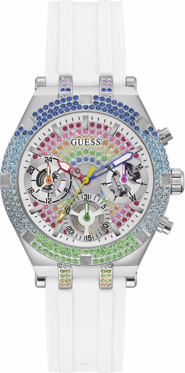 Montre Guess Heiress GW0407L4 pour Femme - Boîtier acier et cristaux, bracelet silicone blanc