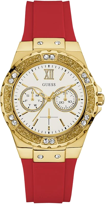 Montre Femme Guess GW0431L1 Glitz - Cadran Blanc, Boîtier Or, Bracelet Silicone Rouge