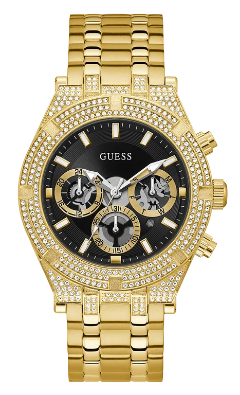 Montre Guess Homme GW0455G2 - Boîtier Doré Serti de Strass, Cadran Noir, Bracelet Acier