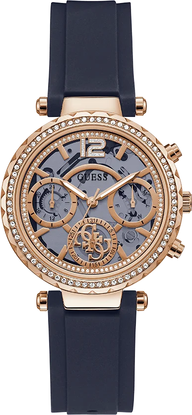 Montre Femme Guess GW0484L2 Squelette, Boîtier Or Rose, Bracelet Silicone Noir