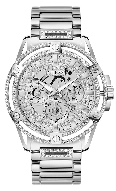 Montre Homme Guess King GW0497G1, boîtier acier argent orné de strass, bracelet acier