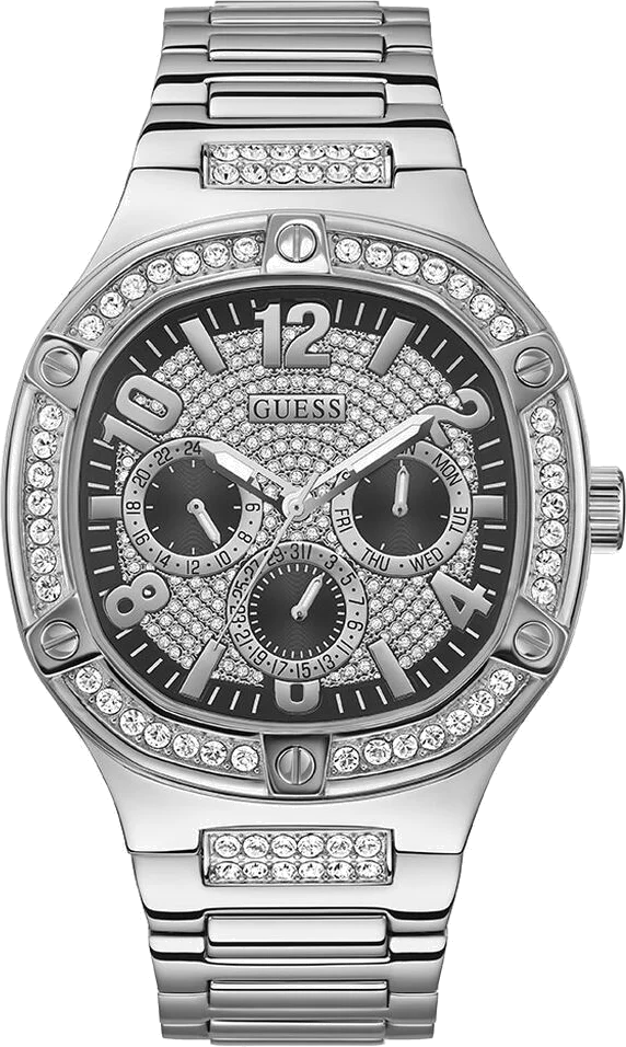 Montre Homme Guess Duke GW0576G1, boîtier argenté avec strass, bracelet acier