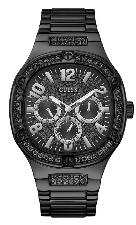 Montre Homme Guess Duke GW0576G3, boîtier et bracelet acier noir, cadran coussin multifonction