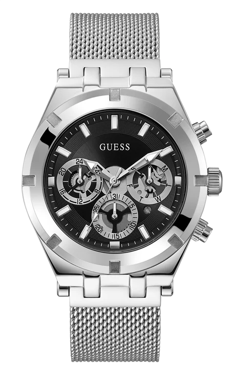 Montre Homme Guess Continental GW0582G1, cadran noir multifonction, bracelet maille milanaise argent