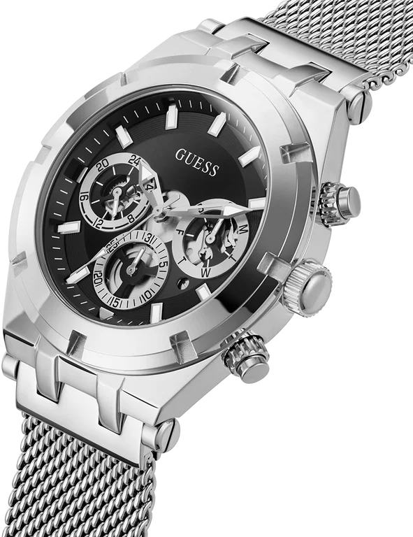 Montre Homme Guess Continental GW0582G1, cadran noir multifonction, bracelet maille milanaise argent vue 3