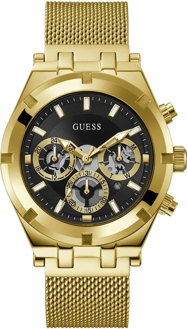 Montre Homme Guess Continental GW0582G2, boîtier et bracelet acier doré, cadran noir multifonction
