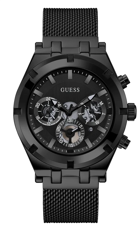 Montre Homme Guess Continental GW0582G3, cadran multifonction noir, bracelet maille milanaise acier noir