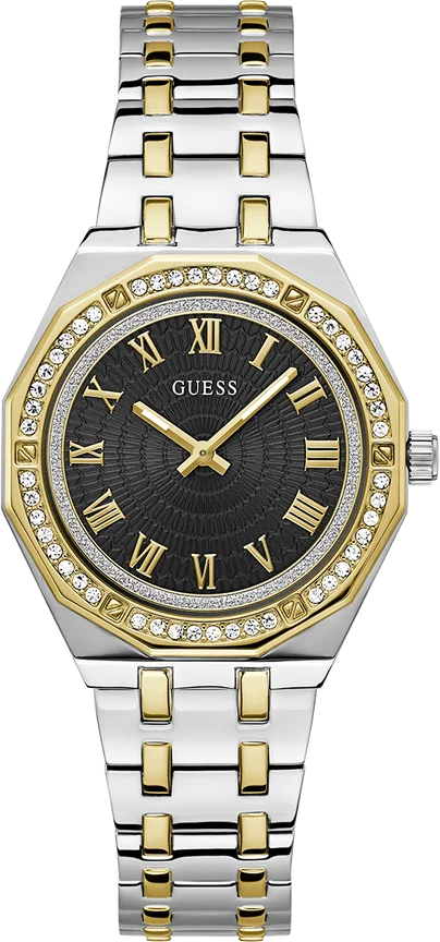 Montre Femme Guess GW0770L4 en Acier Bicolore Argent/Or, Cadran Noir Guilloché