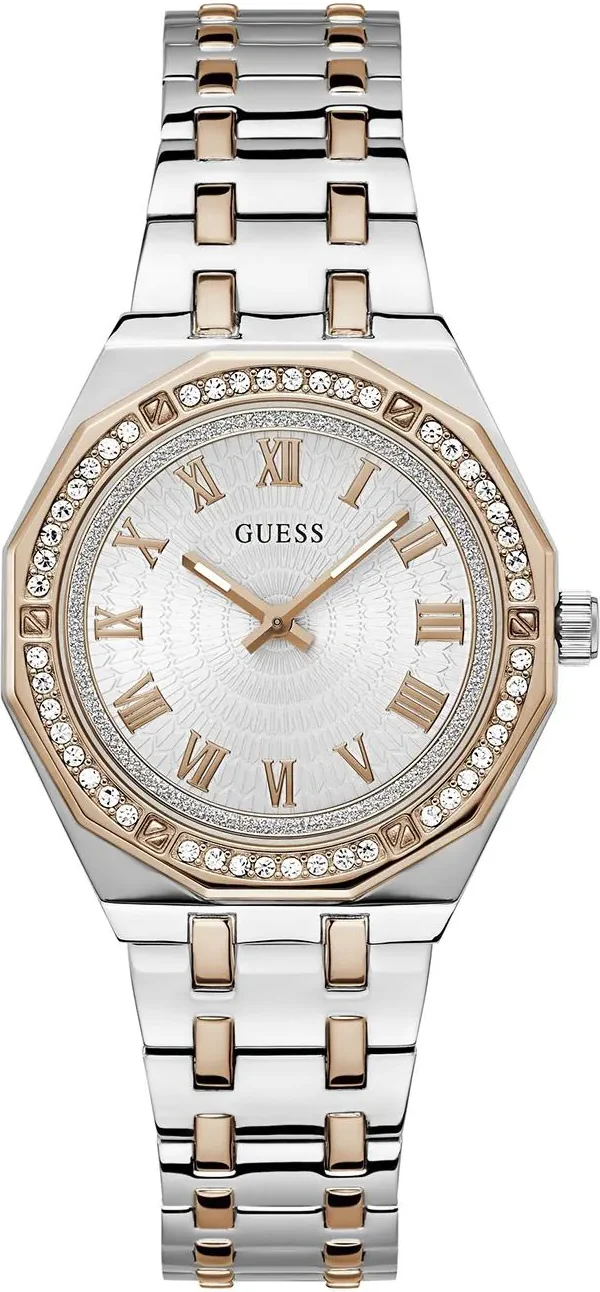 Montre Femme Guess GW0770L5 en Acier Bicolore Argent et Or Rose, Cadran Blanc Guilloché