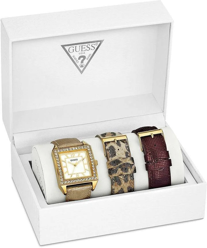 Montre Guess W0068L2 Femme, Boîtier Or et Cadran Blanc, Coffret avec 3 Bracelets