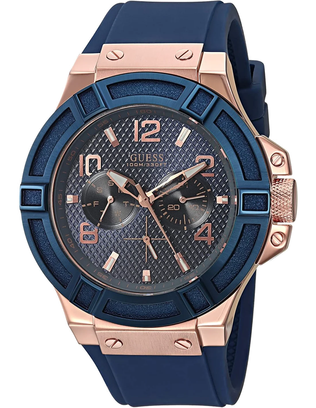 Montre Homme Guess Rigor W0247G3 - Boîtier bicolore or rose, cadran et bracelet bleu