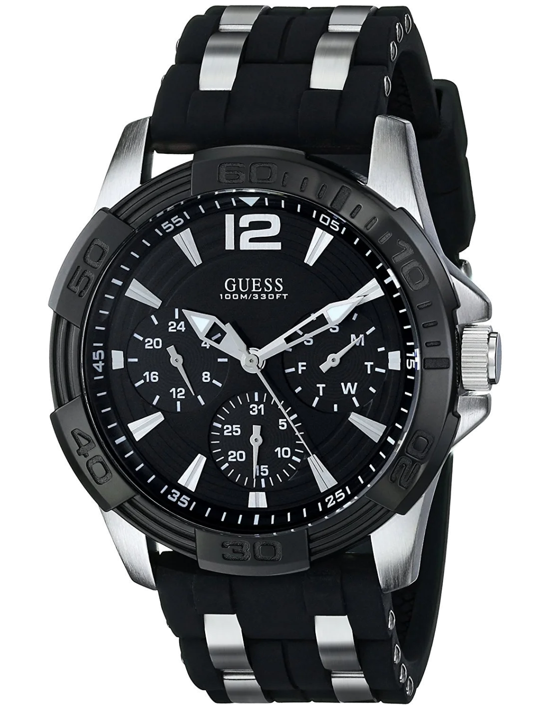Montre Homme Guess Oasis W0366G1, Cadran Noir, Bracelet Silicone et Acier
