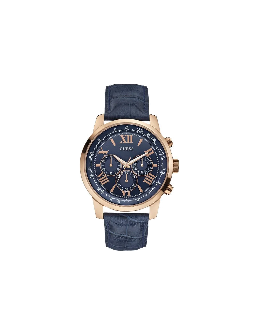 Montre Homme Guess Horizon W0380G5 - Boîtier Or Rose, Cadran Bleu, Bracelet Cuir