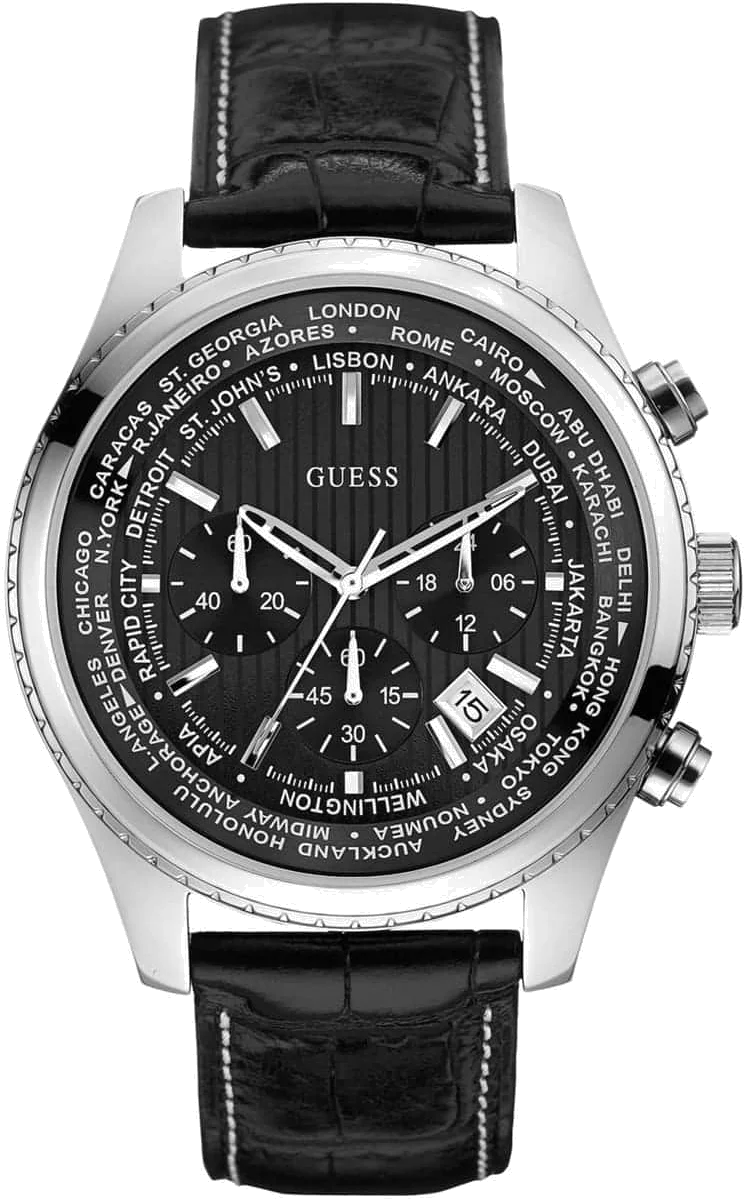 Montre Homme Guess W0500G2 - Boîtier Argenté 46mm, Cadran Noir Multifonction, Bracelet Cuir Noir