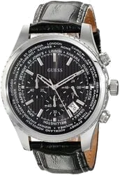 Montre Homme Guess W0500G2 - Boîtier Argenté 46mm, Cadran Noir Multifonction, Bracelet Cuir Noir vue 2