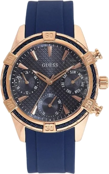 Montre Femme Guess Catalina W0562L3 - Cadran Bleu, Boîtier Or Rose, Bracelet Silicone Bleu