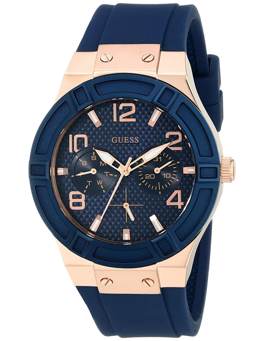 Montre Guess Femme Jet Setter W0571L1 - Cadran et Bracelet Bleu, Boîtier Acier Or Rose