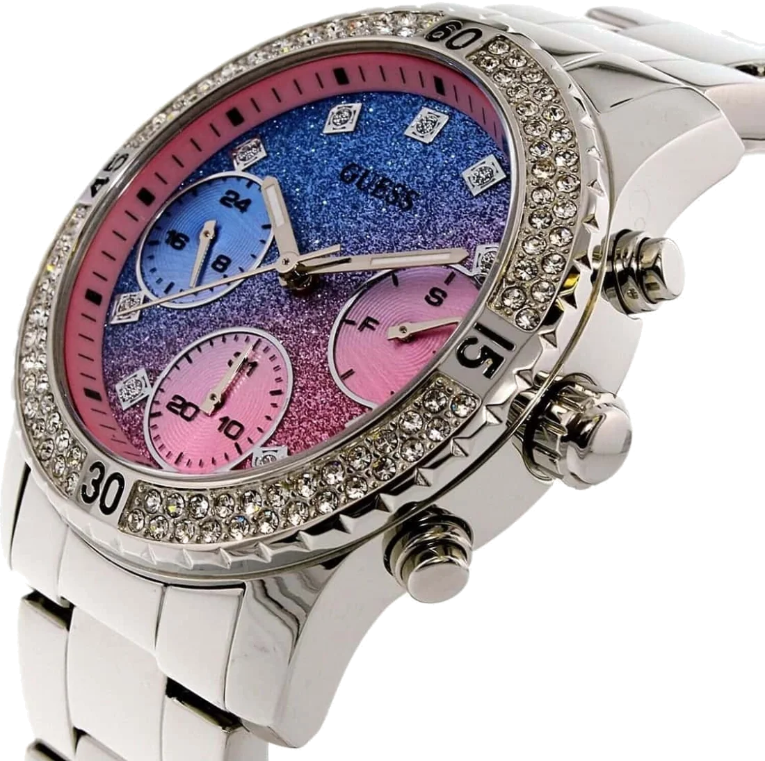 Montre Femme Guess W0774L1 en Acier Argent, Cadran Bicolore Bleu et Rose vue 3