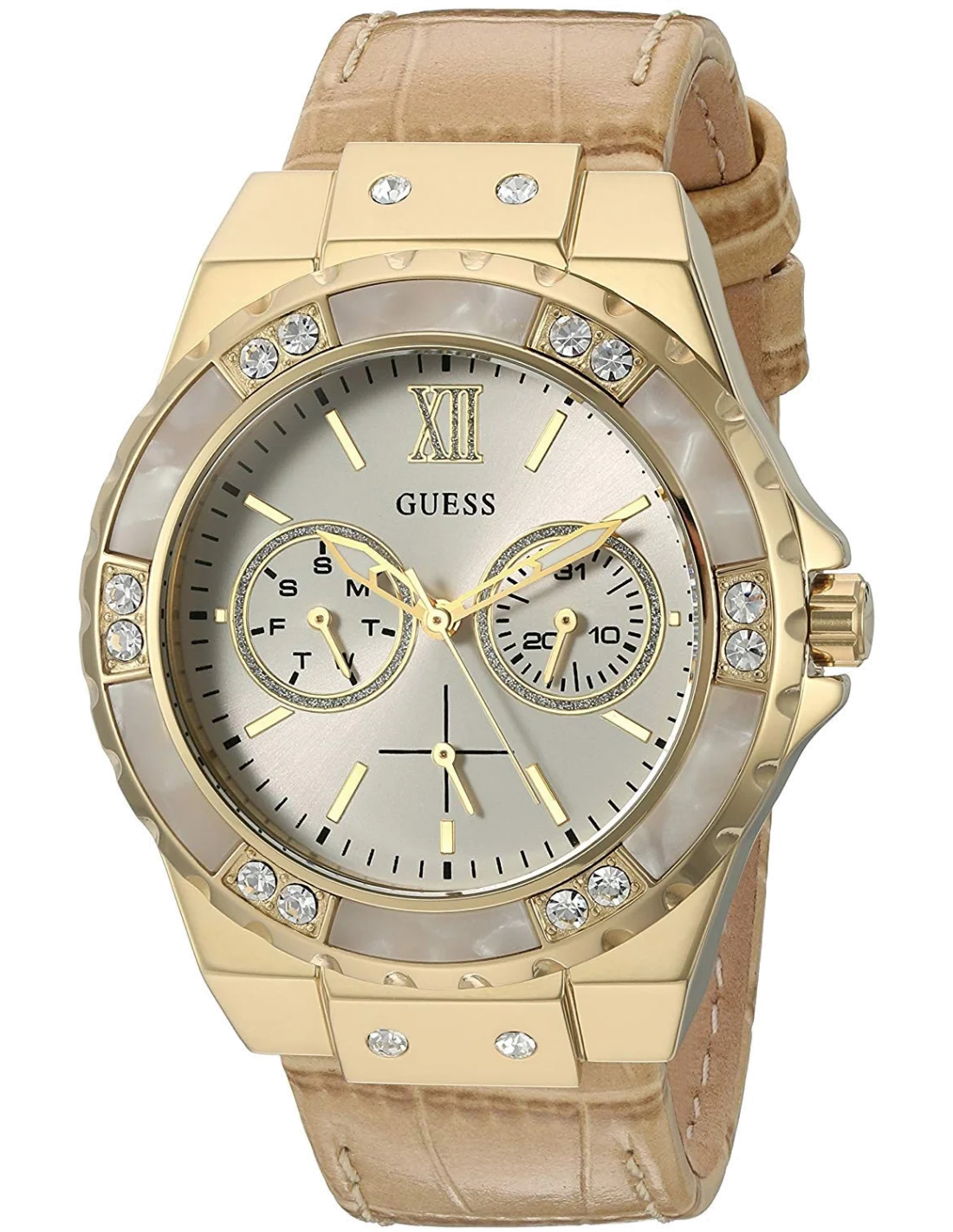 Montre Guess W0775L2 pour Femme, Cadran Argent et Boîtier Or, Bracelet Cuir Beige Python