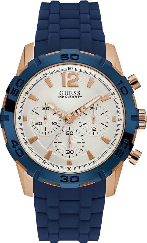 Montre Guess Homme W0864G5 - Boîtier Acier Or Rose 45mm, Cadran Blanc, Bracelet Silicone Bleu
