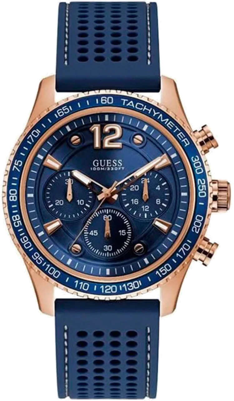 Montre Homme Guess Fleet Sport W0971G3 - Cadran bleu, boîtier or rose, bracelet silicone bleu