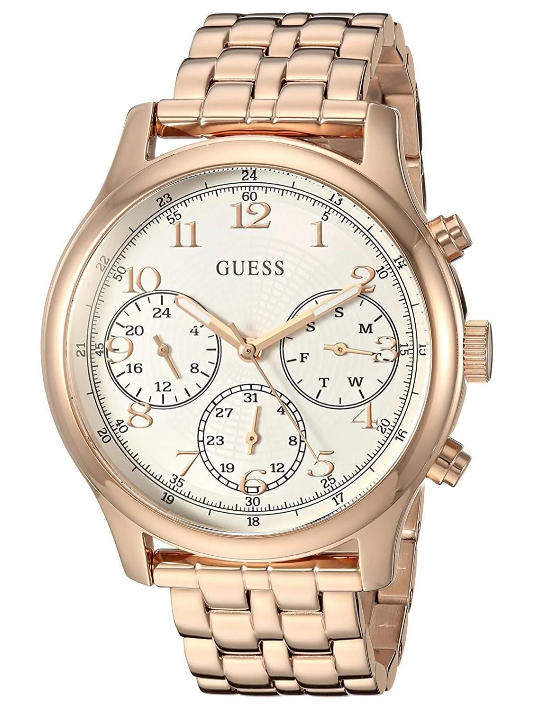 Montre Guess W1018L3 Taylor pour Femme, Cadran Blanc, Boîtier et Bracelet Acier Or Rose, Cristaux