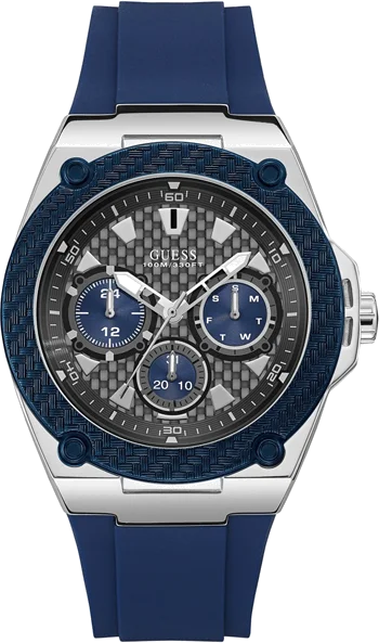 Montre Homme Guess Legacy W1049G1, Cadran Tonneau Gris Multifonction, Bracelet Silicone Bleu
