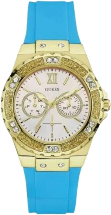 Montre Guess Limelight W1053L6 pour femme, cadran doré, bracelet silicone bleu turquoise