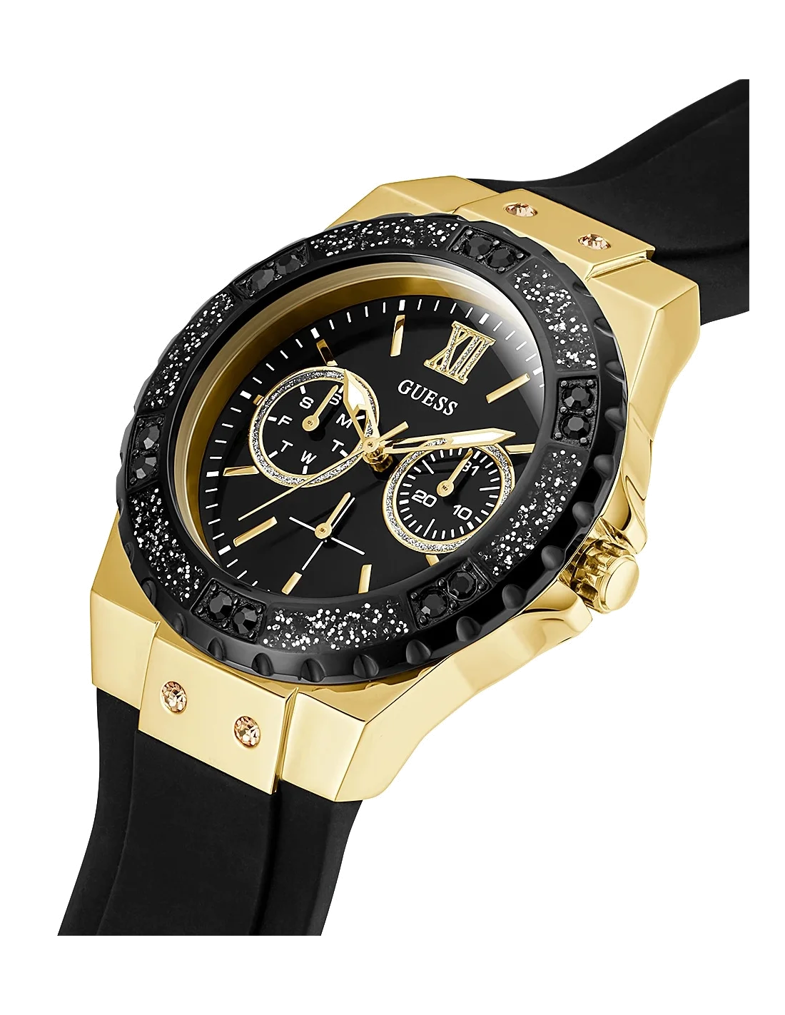 Montre Femme Guess Limelight W1053L7 - Boîtier Silicone Doré, Cadran Noir et Cristaux vue 2