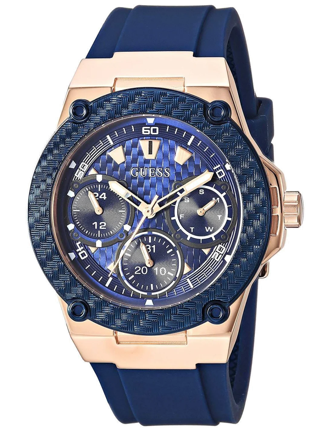 Montre Femme Guess Zena W1094L2 - Cadran Bleu Carbone, Bracelet Silicone Bleu, Boîtier Or Rose