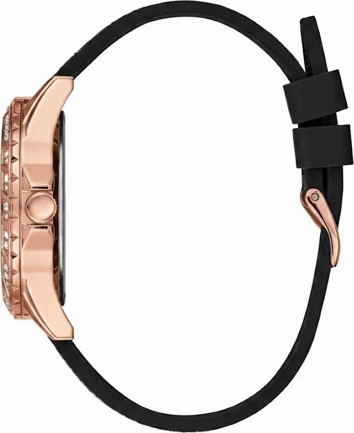 Montre Femme Guess Swirl W1096L5 - Boîtier Or Rose, Cadran Noir, Bracelet Silicone Noir avec Cristaux vue 2