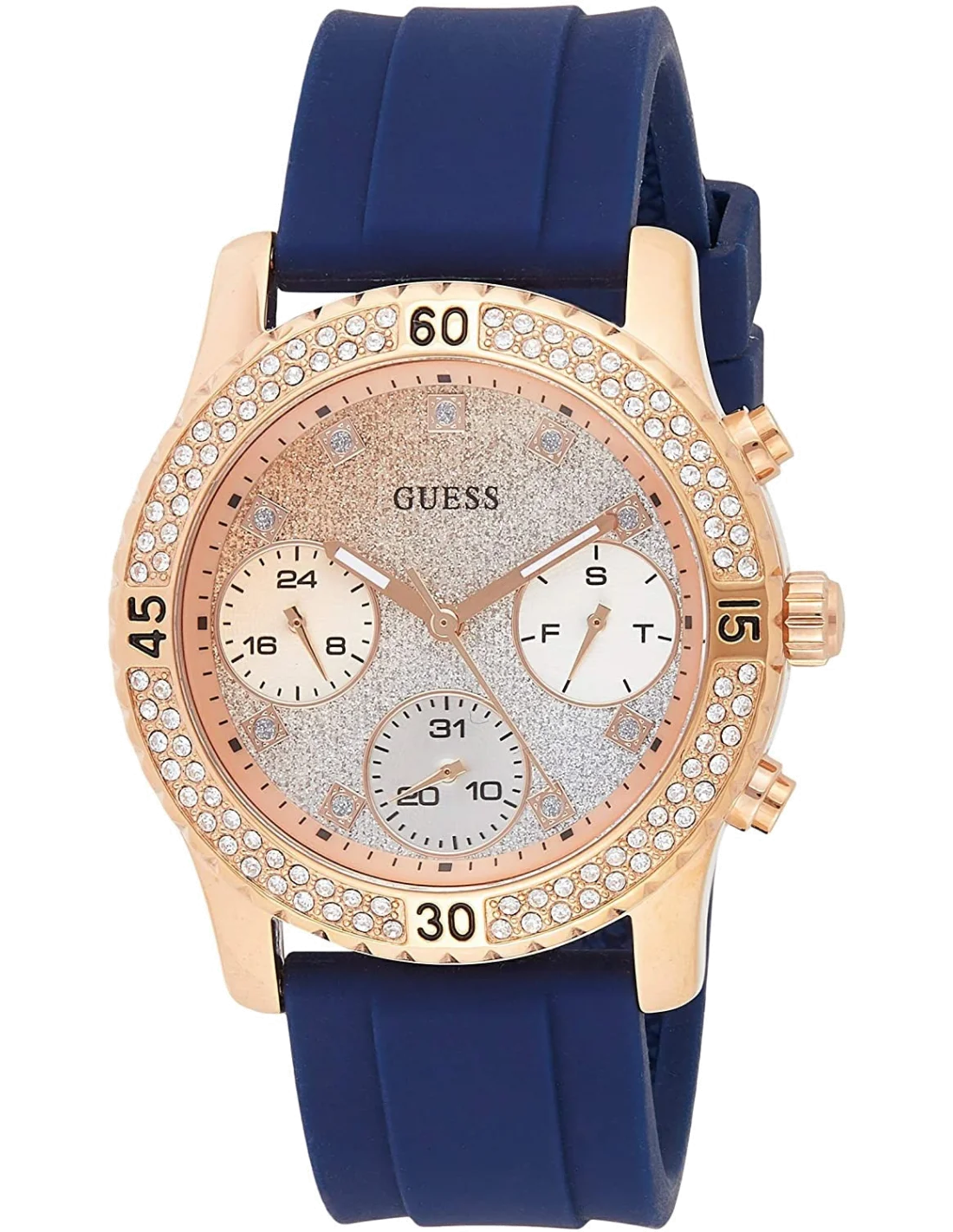 Montre Femme Guess W1098L6 Confetti - Cadran Bleu, Boîtier Acier Or Rose, Bracelet Silicone