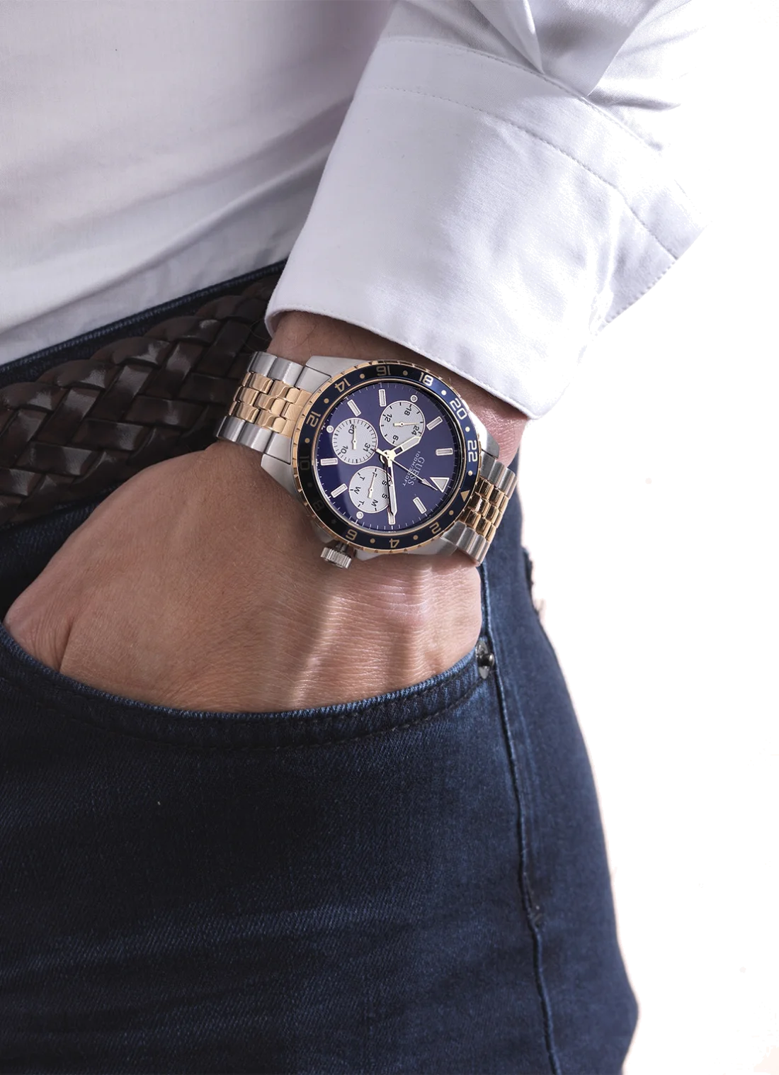 Montre Guess Odyssey W1107G3 pour Homme - Cadran bleu, bracelet acier bicolore or rose et argent vue 5