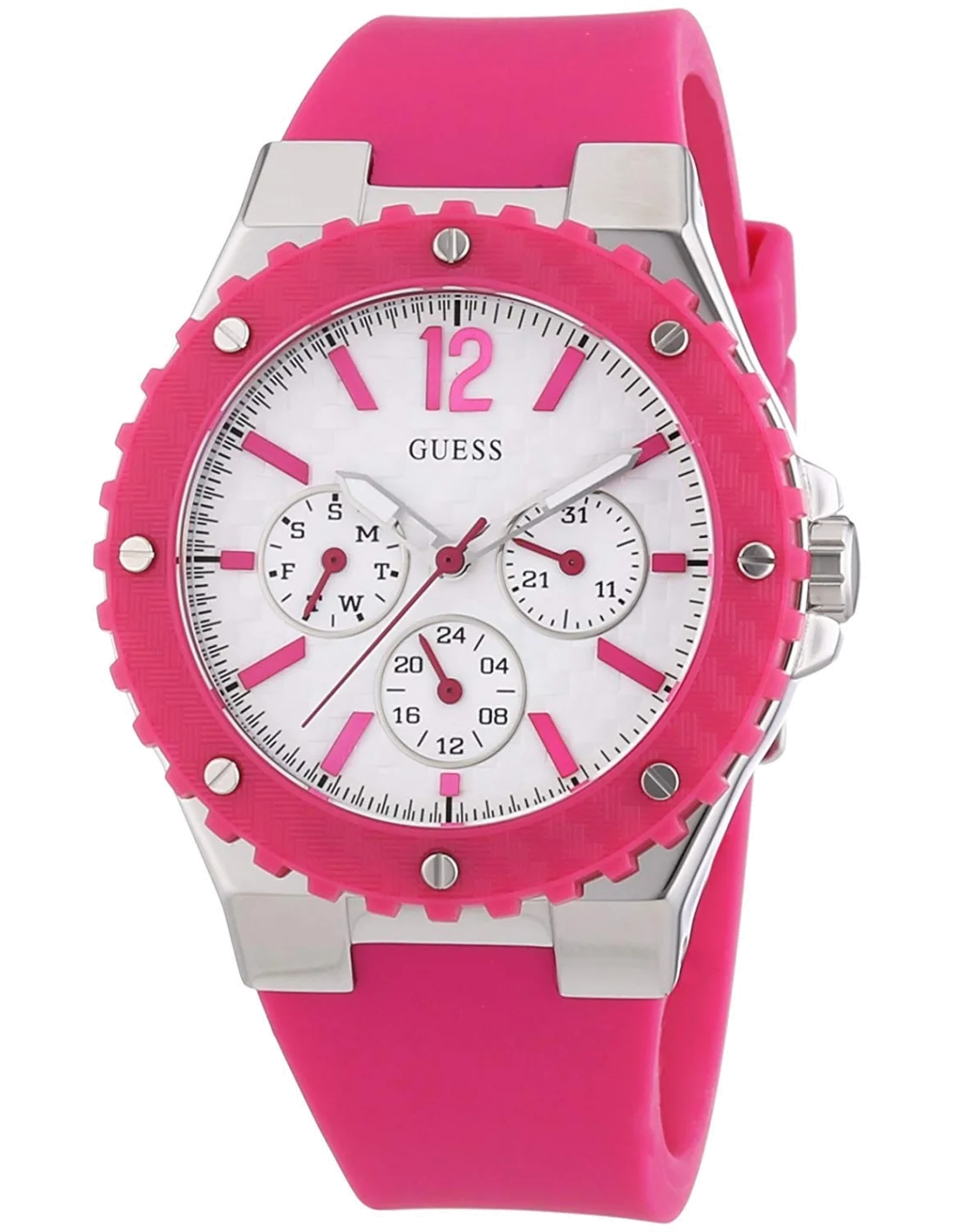 Montre Femme Guess Overdrive W90084L2 - Cadran Blanc, Bracelet Fuschia en Résine