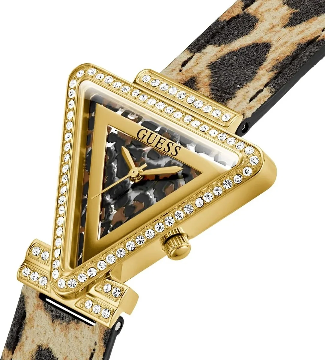 Montre Guess Fame GW0504L3 pour Femme - Boîtier doré triangle avec strass et bracelet cuir léopard vue 4