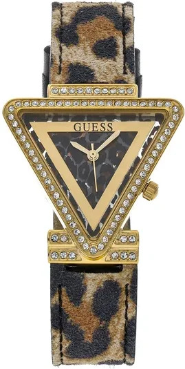 Montre Guess Fame GW0504L3 pour Femme - Boîtier doré triangle avec strass et bracelet cuir léopard
