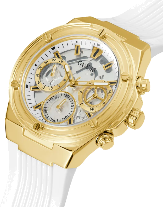 Montre Femme Guess Athena GW0409L2 bracelet blanc en silicone boitier doré vue 2