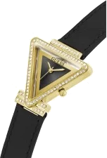 Montre-bracelet Guess Fame pour Femme - Réf. GW0504L5 - Boîtier triangulaire doré à strass, bracelet cuir noir vue 3