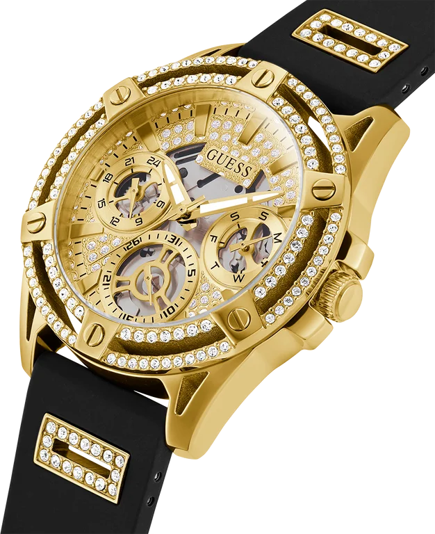 Montre Femme Guess Queen GW0536L3 - Boîtier doré orné de strass, bracelet silicone noir vue 2