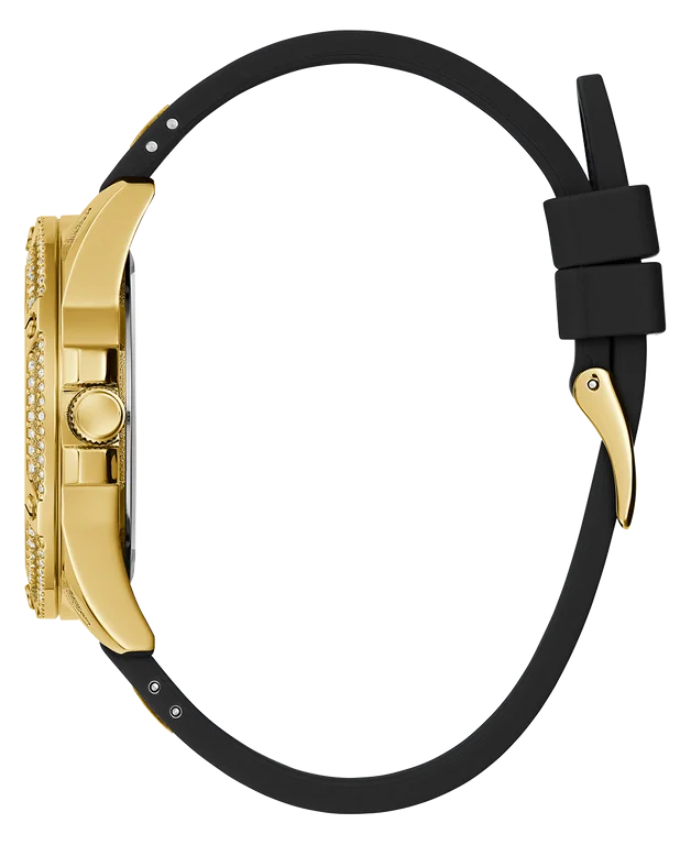 Montre Femme Guess Queen GW0536L3 - Boîtier doré orné de strass, bracelet silicone noir vue 3