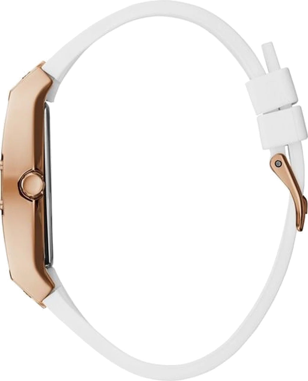 Montre Guess Raven GW0105L3 pour Femme - Boîtier or rose à strass, bracelet silicone blanc vue 3