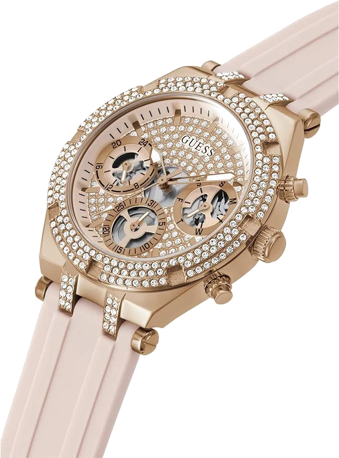 Montre Guess Heiress GW0407L3 pour Femme - Boîtier or rose à strass, bracelet silicone rose vue 2