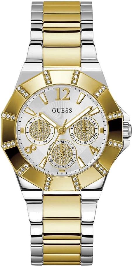 Montre Guess Sunray GW0616L2 pour Femme, Cadran Argent Multifonction, Bracelet Acier Bicolore Argent/Or