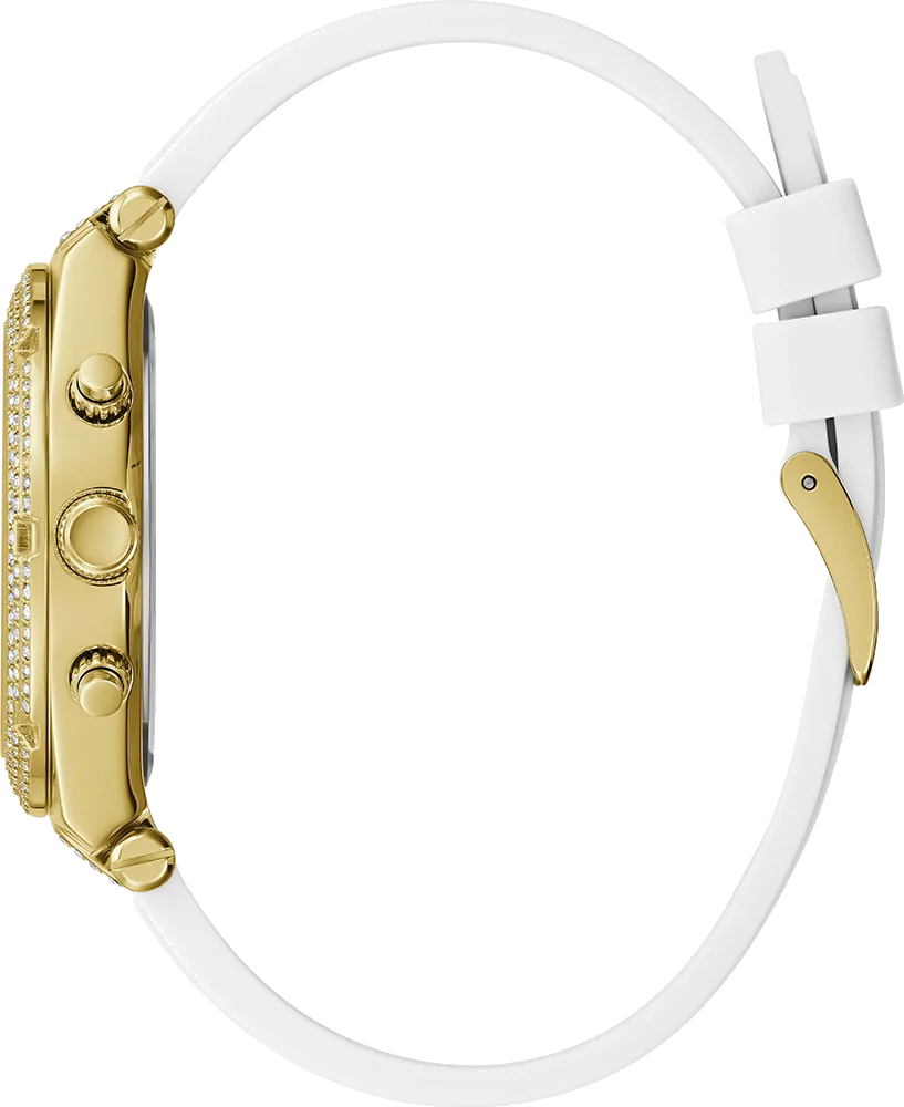 Montre Guess Heiress GW0407L2 pour Femme - Cadran doré, bracelet silicone blanc, boîtier strass vue 2