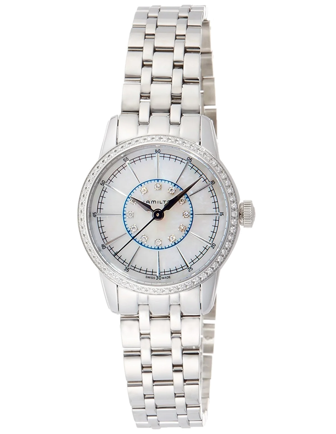 Montre Hamilton H40391191 Railroad quartz cadran nacre et diamants lunette diamants bracelet acier