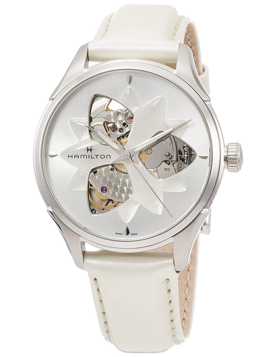 Montre Hamilton H32115991 Jazzmaster Open Heart Lady automatique acier sur cuir blanc 34 mm vue 2