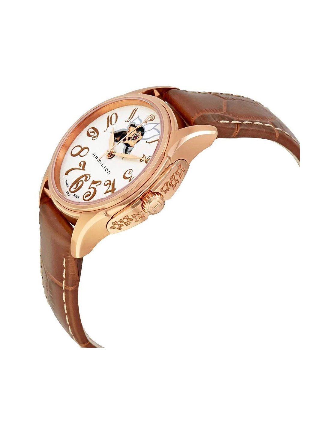 Montre Hamilton H32345983 Jazzmaster Lady automatique acier PVD or rose sur cuir marron 34 mm vue 2