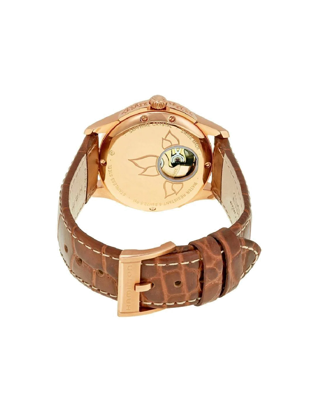 Montre Hamilton H32345983 Jazzmaster Lady automatique acier PVD or rose sur cuir marron 34 mm vue 3