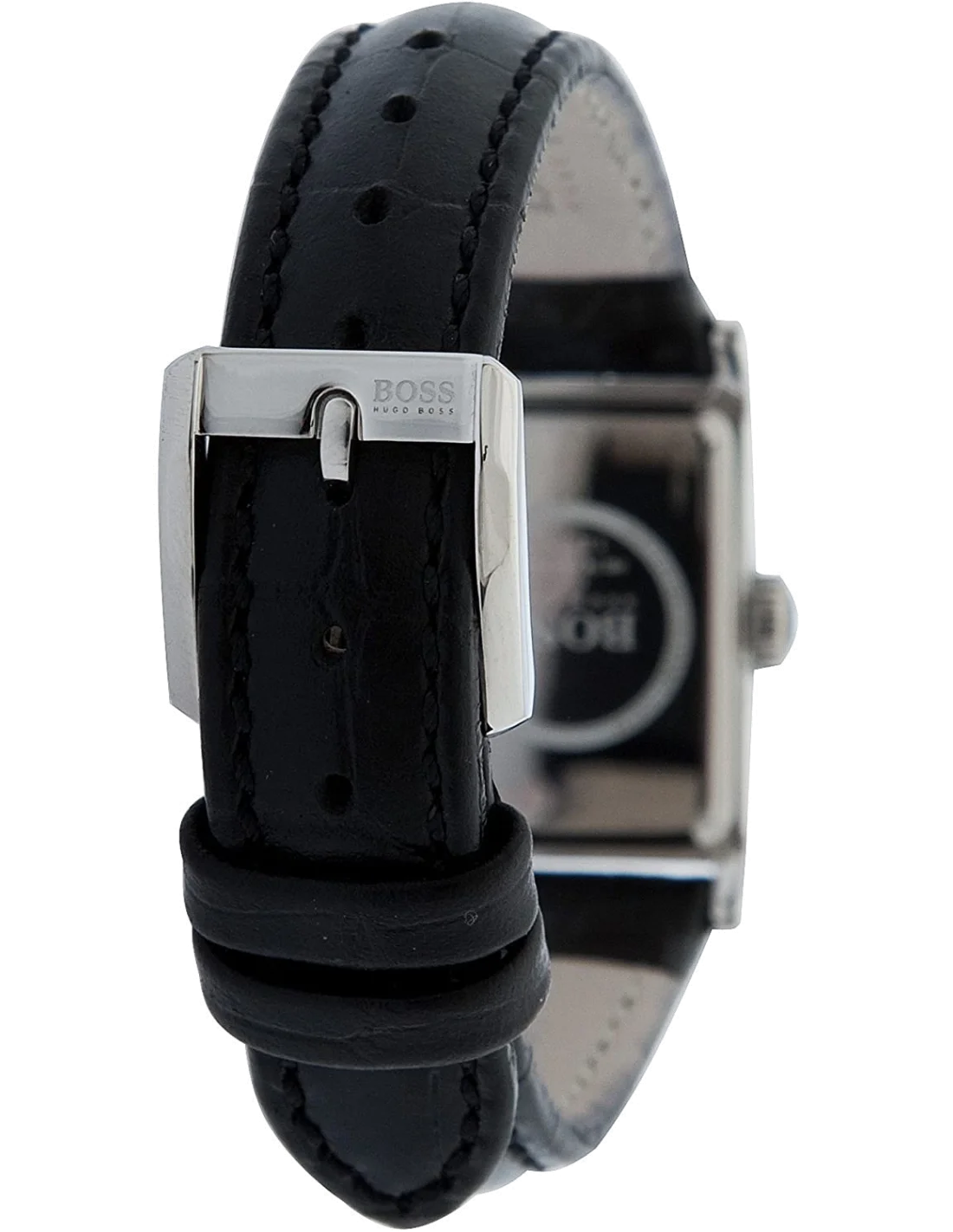 Montre Hugo Boss 1502192 pour femme, boîtier argent rectangulaire et bracelet cuir noir vue 2